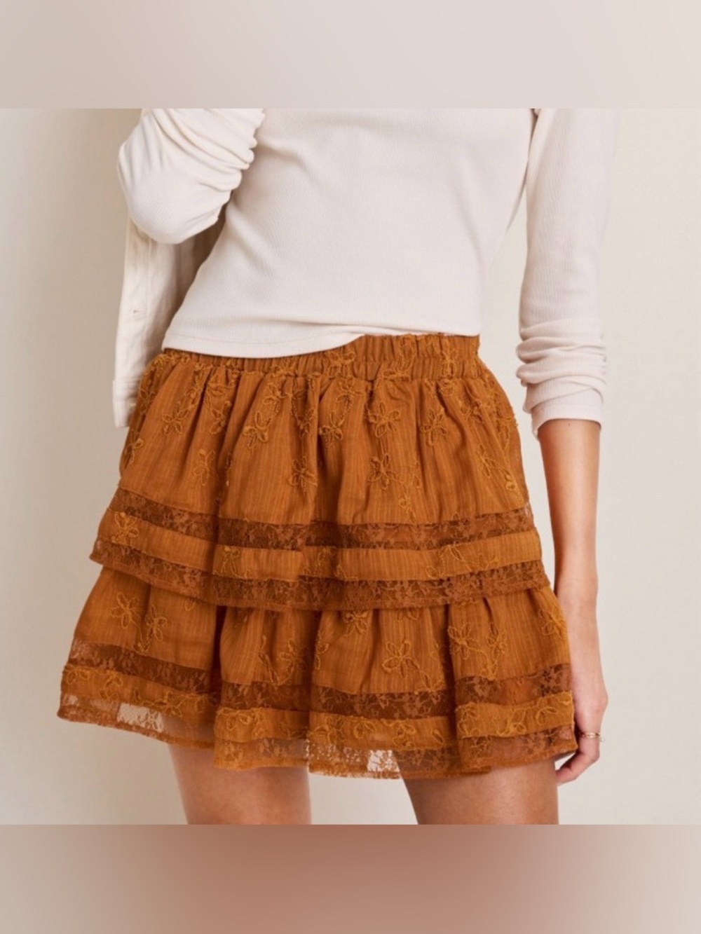 Francesca's Collections Tiered Lace Mini Skirt - Rust Brown
